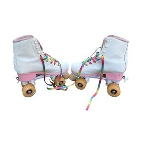 Kids White and Pink Roller Skates with Rainbow Laces